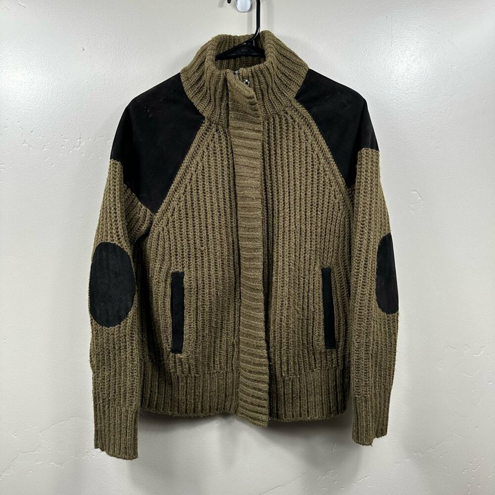 Madewell Wool Alpaca Knit Jacket Size Small Leather Detailing - Military Green